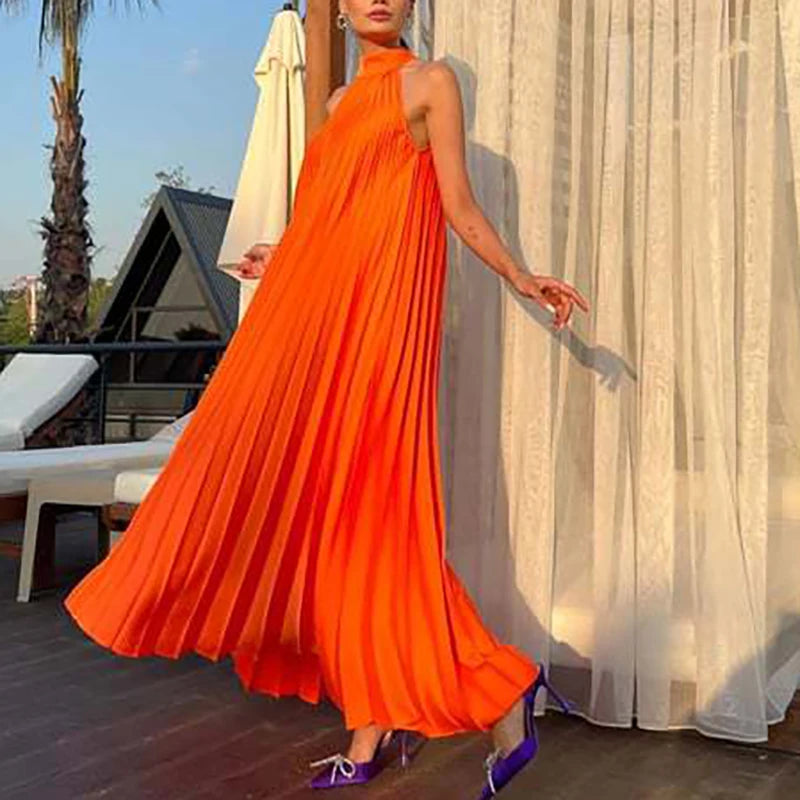 2025 Sexy Sleeveless High Waist Party Dress Spring Summer Half High Neck Loose Women Dress Casual Multi-color Pleated Long Dress