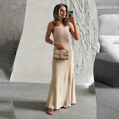Talenza Summer Knit Long Dress Solid Sleeveless Casual High Waist Halter Long Dress Knit Backless Office Lady Women's Dress 2025