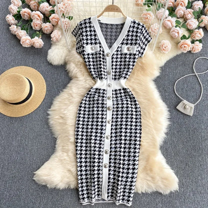 YuooMuoo Brand Fashion Houndstooth Knitted Long Dress 2024 Summer Fashion Vintage Elegant Office Lady Wrap Hips Bodycon Dress