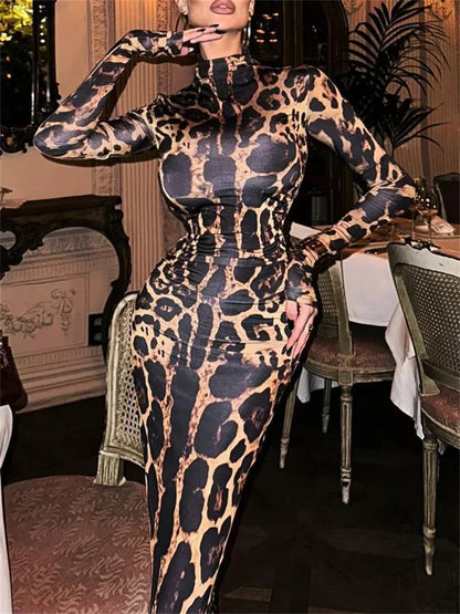 Print Leopard Print Slim Long Dress Women's Fashion Long Sleeve Sexy Party Dress Summer Street Leopard Print Long Dress 2024 New