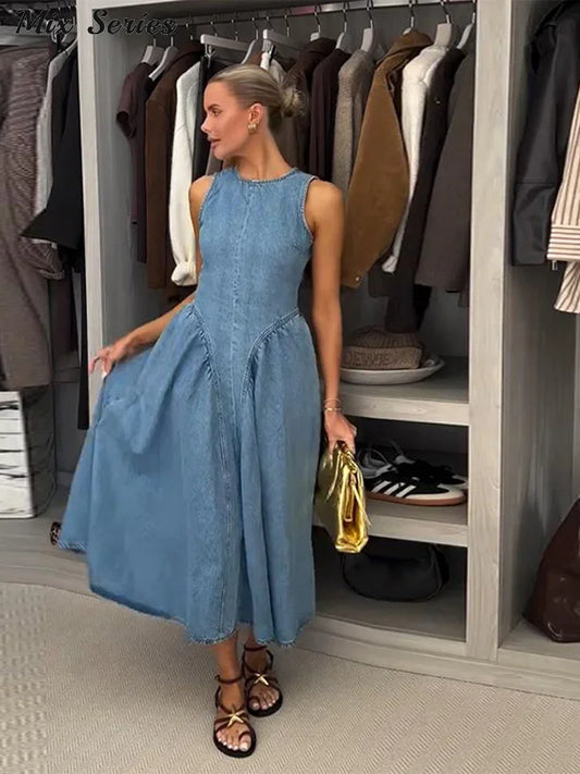Fashion Denim Backless Dress Women's O-neck Lace Up Sleeveless High Waisted Pleated Dresses 2025 Summer New Lady Elegant Robe