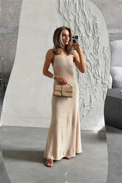 Talenza Summer Knit Long Dress Solid Sleeveless Casual High Waist Halter Long Dress Knit Backless Office Lady Women's Dress 2025