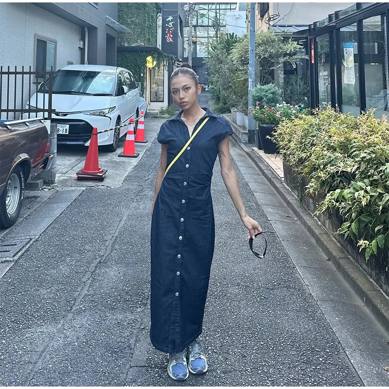 Fashion Denim Backless Dress Women's O-neck Lace Up Sleeveless High Waisted Pleated Dresses 2025 Summer New Lady Elegant Robe