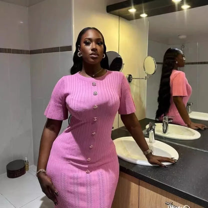 Dresses Women Summer Knitting Long Dress Single Breasted Round Collar Short Sleeve Sexy Bodycon Office Lady Knit Vestidos