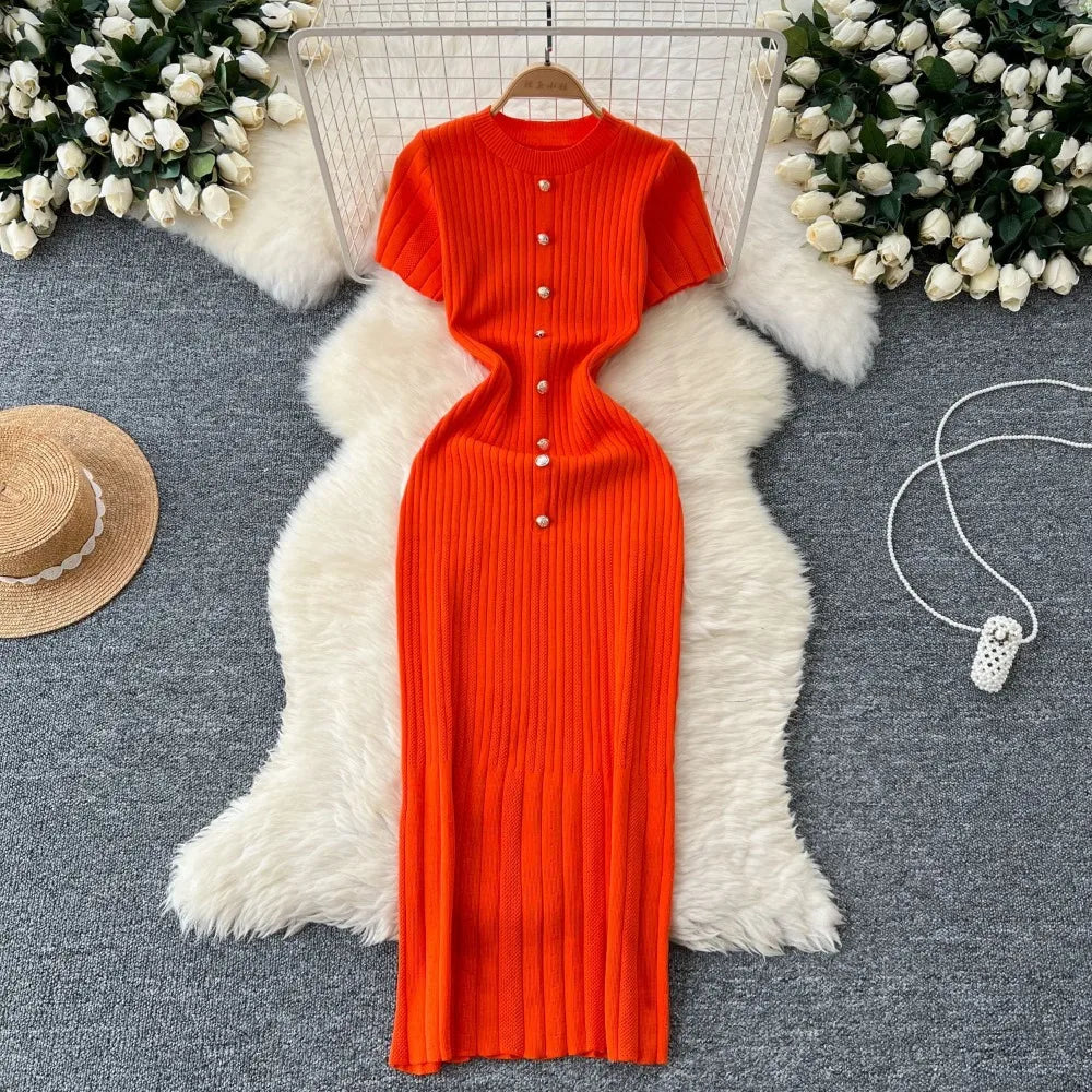 Dresses Women Summer Knitting Long Dress Single Breasted Round Collar Short Sleeve Sexy Bodycon Office Lady Knit Vestidos