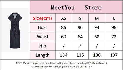 Women Denim V-neck Short Sleeved Long Dress Chic Slim Fit Single Breast Slit Vestidos New High Street Casual Solid Commuter Gown