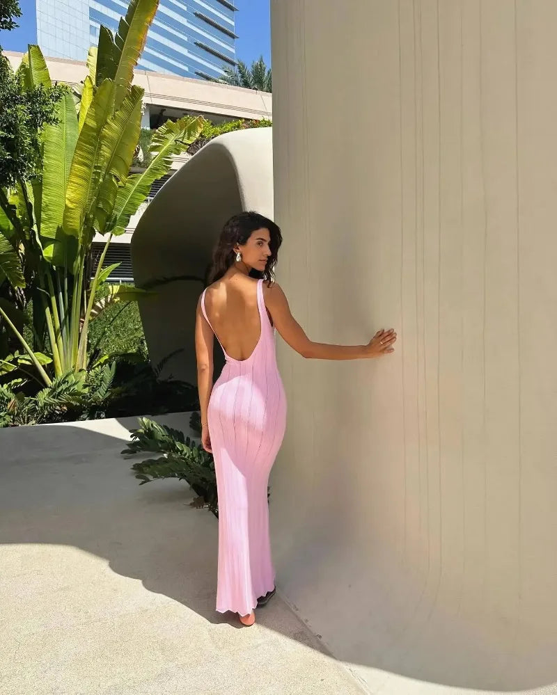 Trendix Knit Backless Dress For Women V Neck Slim Sleeveless Suspender Maxi Dress Vacation Sexy Beach Knitted Elegant Long Dress