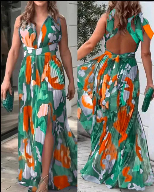 New Women's Long Dress V-neck Sleeveless Pleated Printed Slit Dress Elegant And Fashionable Style Elegant Beach Floral Dress