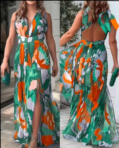 New Women's Long Dress V-neck Sleeveless Pleated Printed Slit Dress Elegant And Fashionable Style Elegant Beach Floral Dress