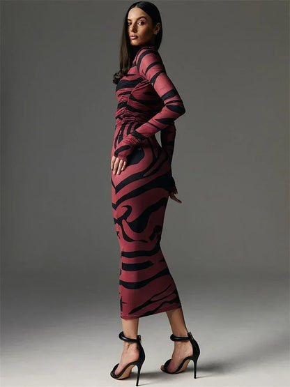 Print Leopard Print Slim Long Dress Women's Fashion Long Sleeve Sexy Party Dress Summer Street Leopard Print Long Dress 2024 New