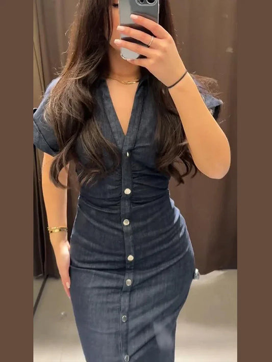 Retro Pleated Long Dresses with Sleeves Women Vintage Single-breasted Slim Female Dress 2025 Spring Summer Lady Street Vestidos