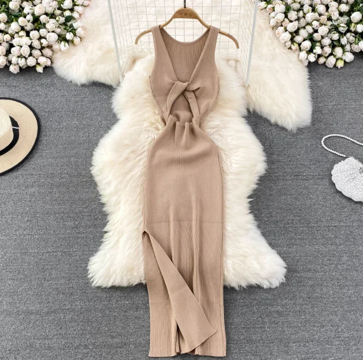 OCEANLOVE Korean Knitted Robe Femme Summer V Neck Sleeveless Kink Hollow Out Sexy Slim Bodycon Dress Split Fork Long Vestidos