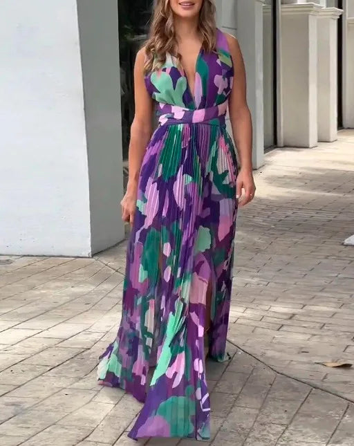 New Women's Long Dress V-neck Sleeveless Pleated Printed Slit Dress Elegant And Fashionable Style Elegant Beach Floral Dress