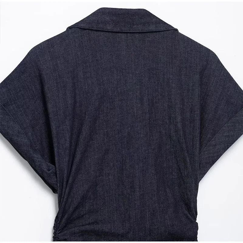 Women Denim V-neck Short Sleeved Long Dress Chic Slim Fit Single Breast Slit Vestidos New High Street Casual Solid Commuter Gown