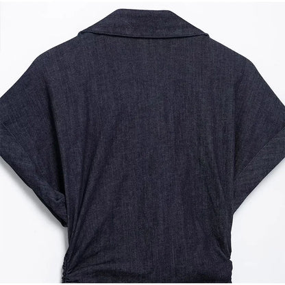 Women Denim V-neck Short Sleeved Long Dress Chic Slim Fit Single Breast Slit Vestidos New High Street Casual Solid Commuter Gown