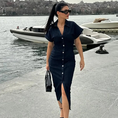 TRAF Womens Denim Dresses Summer 2025 Button Bodycon Blue Dress Ruffled Batwing Sleeve Long Dress Chic Casual Beach Vestidos 066