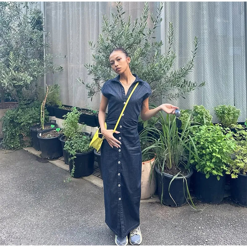 Fashion Denim Backless Dress Women's O-neck Lace Up Sleeveless High Waisted Pleated Dresses 2025 Summer New Lady Elegant Robe