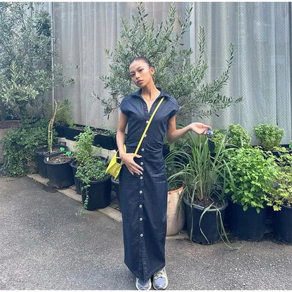 Fashion Denim Backless Dress Women's O-neck Lace Up Sleeveless High Waisted Pleated Dresses 2025 Summer New Lady Elegant Robe