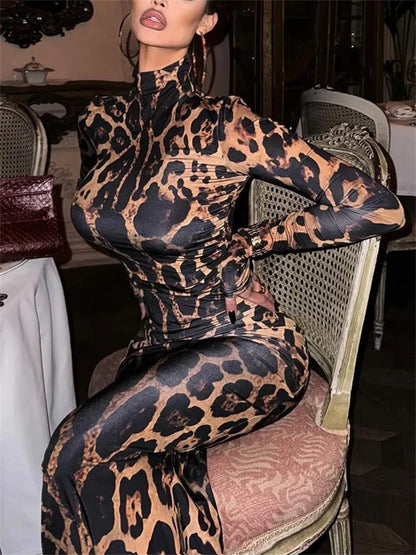 Print Leopard Print Slim Long Dress Women's Fashion Long Sleeve Sexy Party Dress Summer Street Leopard Print Long Dress 2024 New