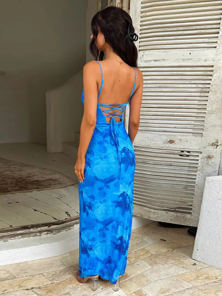 Mozision Spaghetti Strap Print Maxi Dress For Women Gown Summer New Sleeveless Backless Bodycon Club Party Long Dress Fashion