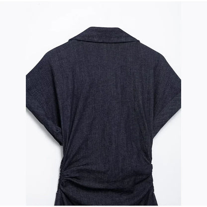 Retro Pleated Long Dresses with Sleeves Women Vintage Single-breasted Slim Female Dress 2025 Spring Summer Lady Street Vestidos