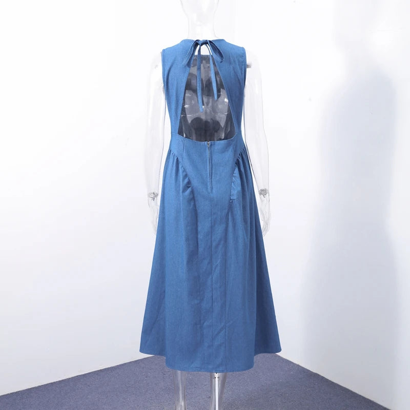 Fashion Denim Backless Dress Women's O-neck Lace Up Sleeveless High Waisted Pleated Dresses 2025 Summer New Lady Elegant Robe