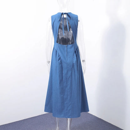 Fashion Denim Backless Dress Women's O-neck Lace Up Sleeveless High Waisted Pleated Dresses 2025 Summer New Lady Elegant Robe