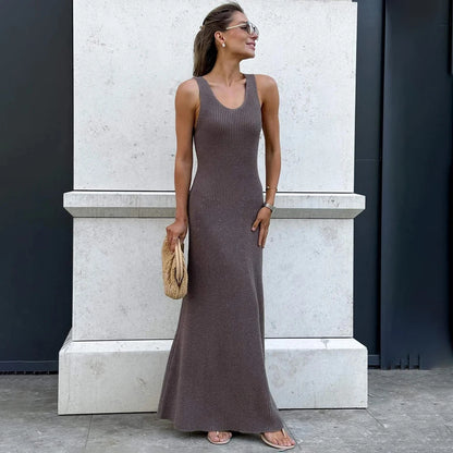 Talenza Summer Knit Long Dress Solid Sleeveless Casual High Waist Halter Long Dress Knit Backless Office Lady Women's Dress 2025