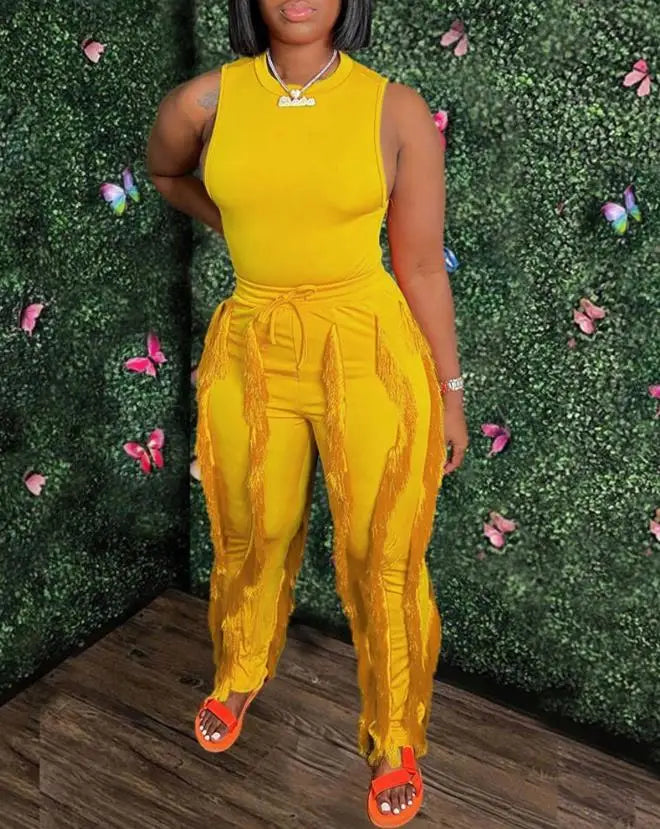 Fashion Solid Romper Casual Tank Top & Tassel Decor Drawstring Pants Set Skinny Tank Jumpsuits Summer Female Outfit Streetwear