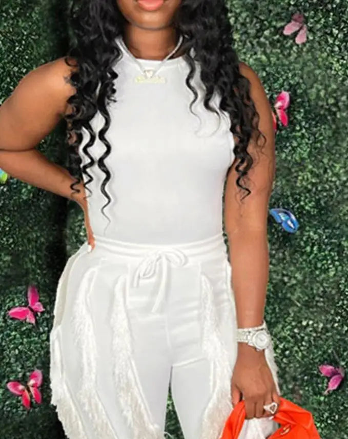 Fashion Solid Romper Casual Tank Top & Tassel Decor Drawstring Pants Set Skinny Tank Jumpsuits Summer Female Outfit Streetwear