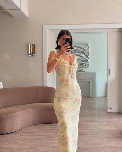 Cryptographic Summer Floral Print Plunge Maxi Dress Outfits Sexy Backless Fairy Sun Dresses Vacation Beachwear Vestido Coquette