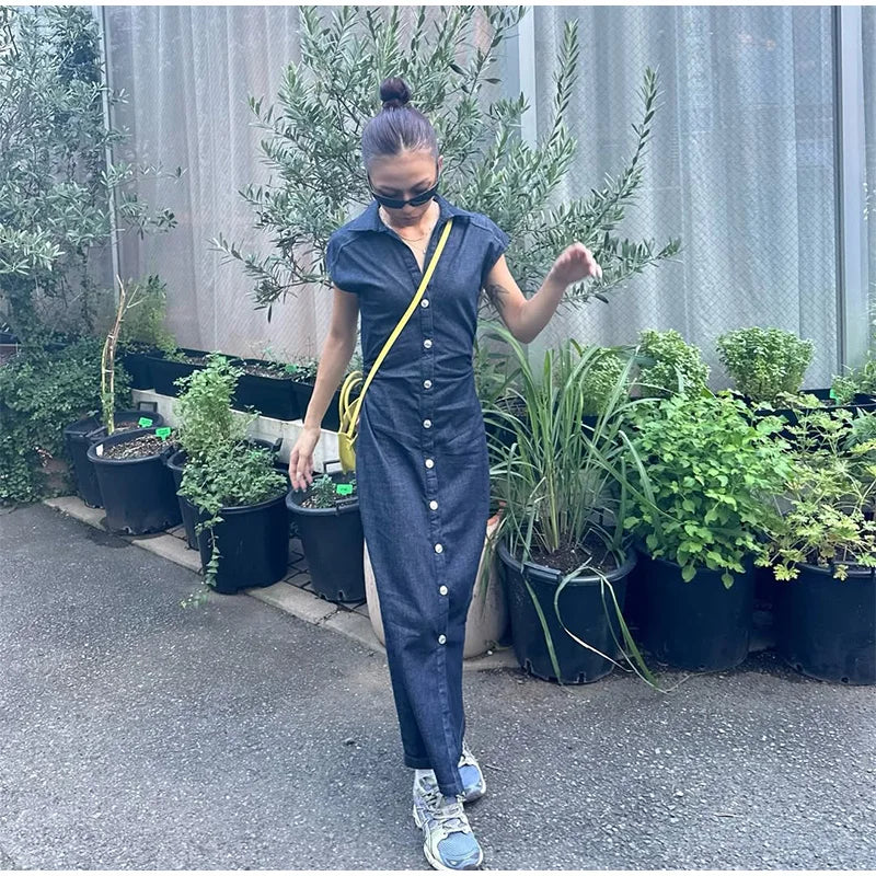 Fashion Denim Backless Dress Women's O-neck Lace Up Sleeveless High Waisted Pleated Dresses 2025 Summer New Lady Elegant Robe