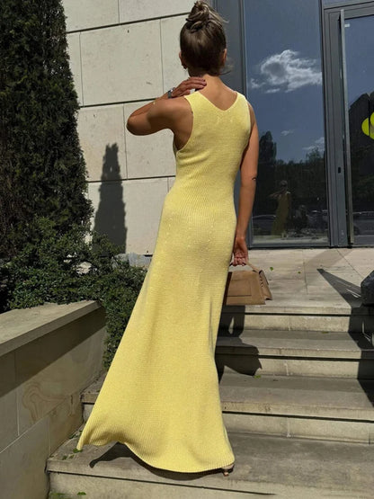 Talenza Summer Knit Long Dress Solid Sleeveless Casual High Waist Halter Long Dress Knit Backless Office Lady Women's Dress 2025