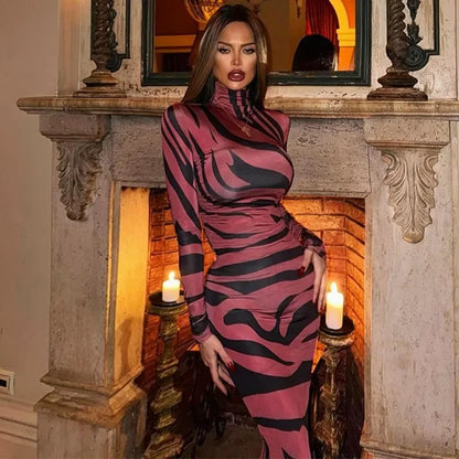 Print Leopard Print Slim Long Dress Women's Fashion Long Sleeve Sexy Party Dress Summer Street Leopard Print Long Dress 2024 New