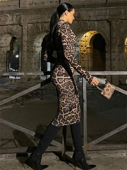 Print Leopard Print Slim Long Dress Women's Fashion Long Sleeve Sexy Party Dress Summer Street Leopard Print Long Dress 2024 New