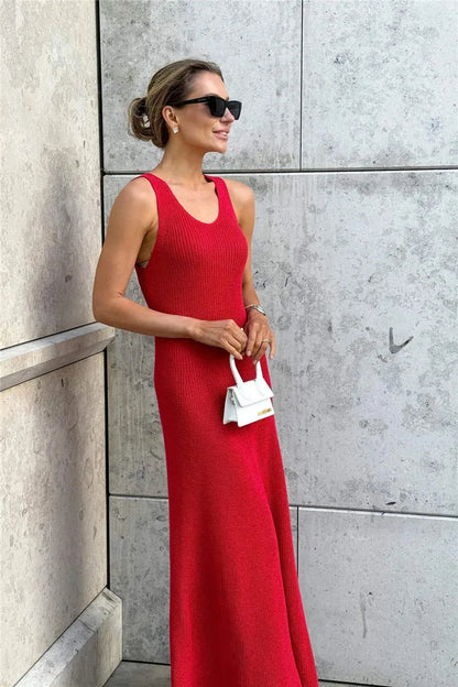 Talenza Summer Knit Long Dress Solid Sleeveless Casual High Waist Halter Long Dress Knit Backless Office Lady Women's Dress 2025