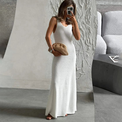 Talenza Summer Knit Long Dress Solid Sleeveless Casual High Waist Halter Long Dress Knit Backless Office Lady Women's Dress 2025
