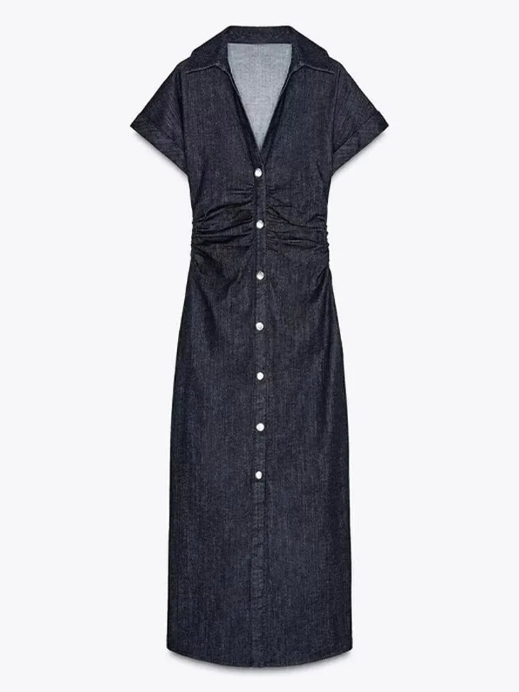 Women Denim V-neck Short Sleeved Long Dress Chic Slim Fit Single Breast Slit Vestidos New High Street Casual Solid Commuter Gown