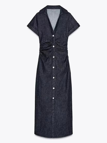 Women Denim V-neck Short Sleeved Long Dress Chic Slim Fit Single Breast Slit Vestidos New High Street Casual Solid Commuter Gown