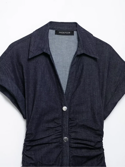 Women Denim V-neck Short Sleeved Long Dress Chic Slim Fit Single Breast Slit Vestidos New High Street Casual Solid Commuter Gown