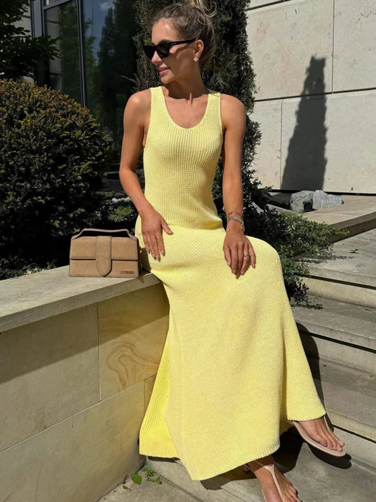Talenza Summer Knit Long Dress Solid Sleeveless Casual High Waist Halter Long Dress Knit Backless Office Lady Women's Dress 2025