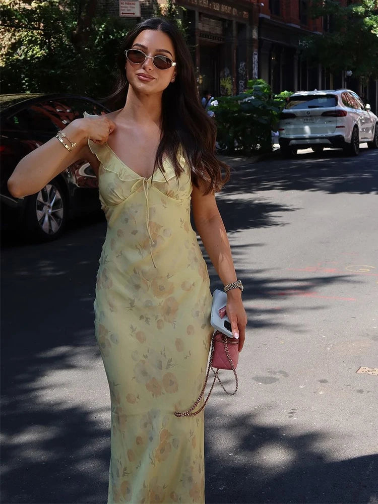 Cryptographic Summer Floral Print Plunge Maxi Dress Outfits Sexy Backless Fairy Sun Dresses Vacation Beachwear Vestido Coquette