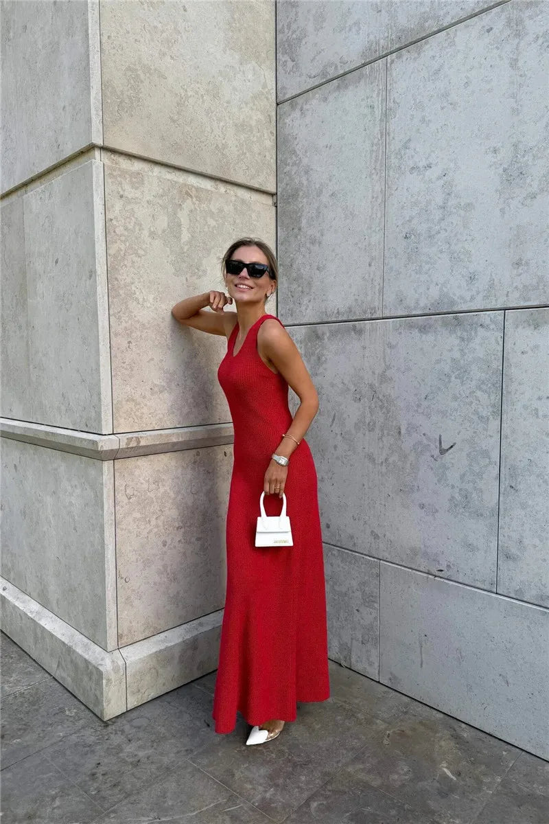 Talenza Summer Knit Long Dress Solid Sleeveless Casual High Waist Halter Long Dress Knit Backless Office Lady Women's Dress 2025