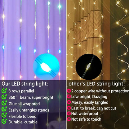 3M RGB Smart LED Curtain Lights Christmas Decor APP Remote USB Garland String Light Fairy Lamp Wedding Holiday Bedroom Outdoor