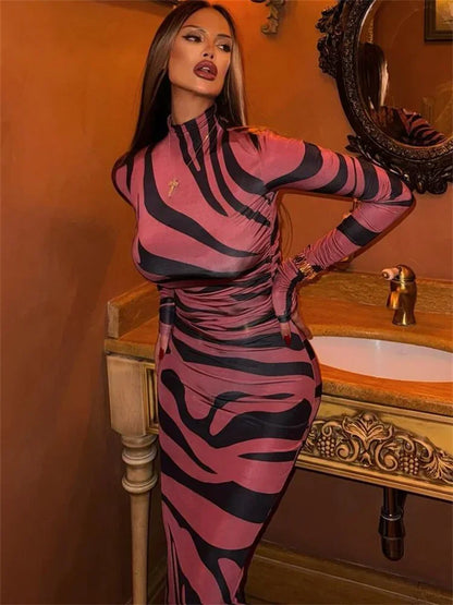 Print Leopard Print Slim Long Dress Women's Fashion Long Sleeve Sexy Party Dress Summer Street Leopard Print Long Dress 2024 New