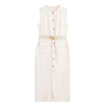 MUJER 2025 Womens Dresses Black Office Long Dresses for Women Spring Sleeveless Midi Dress Woman Belt Button Women's Dress Vest