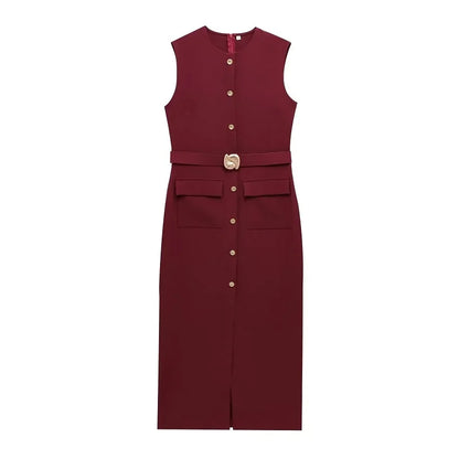 MUJER 2025 Womens Dresses Black Office Long Dresses for Women Spring Sleeveless Midi Dress Woman Belt Button Women's Dress Vest