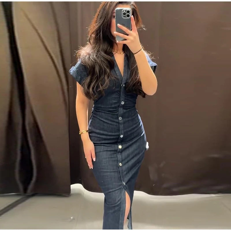 Fashion Denim Backless Dress Women's O-neck Lace Up Sleeveless High Waisted Pleated Dresses 2025 Summer New Lady Elegant Robe