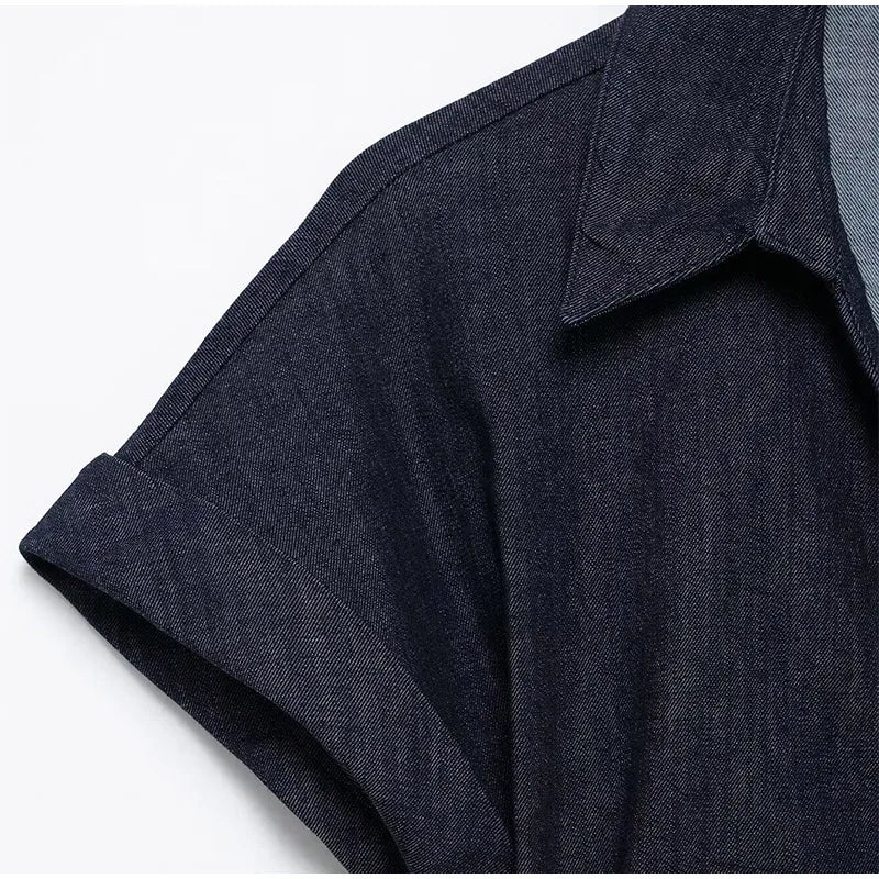 Women Denim V-neck Short Sleeved Long Dress Chic Slim Fit Single Breast Slit Vestidos New High Street Casual Solid Commuter Gown