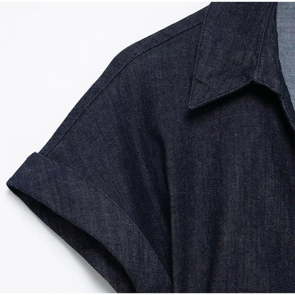 Women Denim V-neck Short Sleeved Long Dress Chic Slim Fit Single Breast Slit Vestidos New High Street Casual Solid Commuter Gown